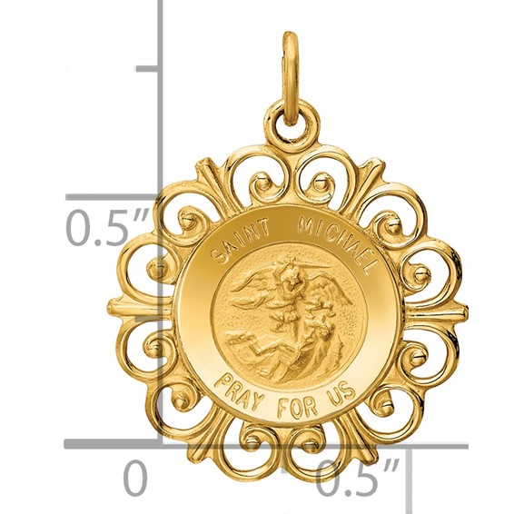 14k Polished and Satin Solid St. Michael Medal Scalloped Edge Round Pendant