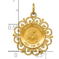 14K Yellow Gold Polished and Satin Solid Saint Anthony Medal Charm with Scalloped Edge view 3
