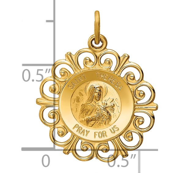 14k Polished and Satin Solid Saint Theresa Medal Scalloped Edge Round Charm