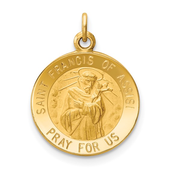 14k Polished and Satin Solid Saint Francis of Assisi Medal Round Charm
