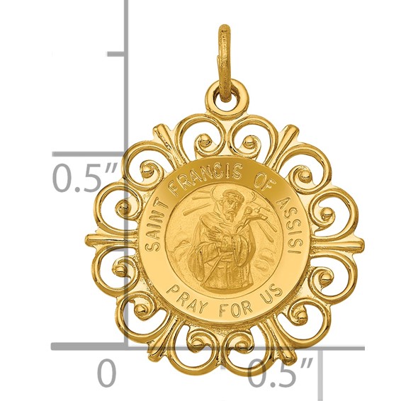 14k Polished and Satin Solid Saint Francis of Assisi Medal Scalloped Edge Round Pendant