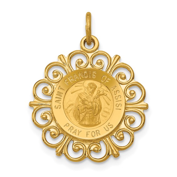 14k Polished and Satin Solid Saint Francis of Assisi Medal Scalloped Edge Round Pendant