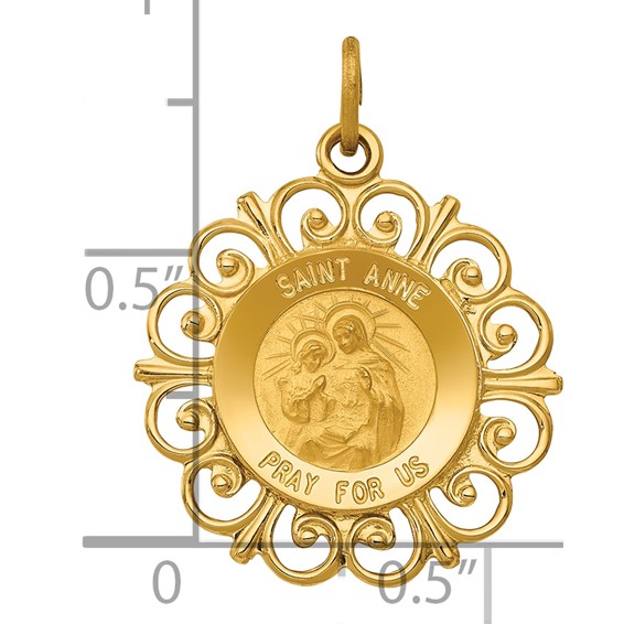14k Polished and Satin Solid Saint Anne Medal Scalloped Edge Charm