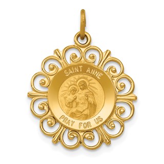 14k Polished and Satin Solid Saint Anne Medal Scalloped Edge Charm