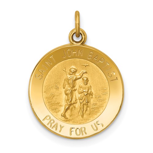 14K Yellow Gold Polished and Satin Solid St John the Baptist Medal Round Pendant
