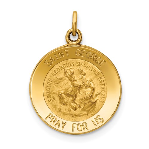 14K Yellow Gold Polished and Satin Solid Saint George Medal Round Charm