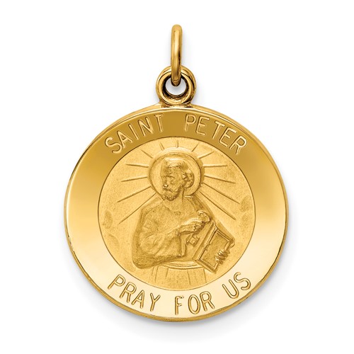 14K Yellow Gold Polished and Satin Solid Saint Peter Medal Round Charm