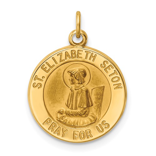 14K Yellow Gold Polished and Satin Solid Saint Elizabeth Seton Medal Round Charm