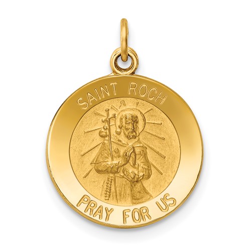 14K Yellow Gold Polished and Satin Solid Saint Roch Medal Round Charm