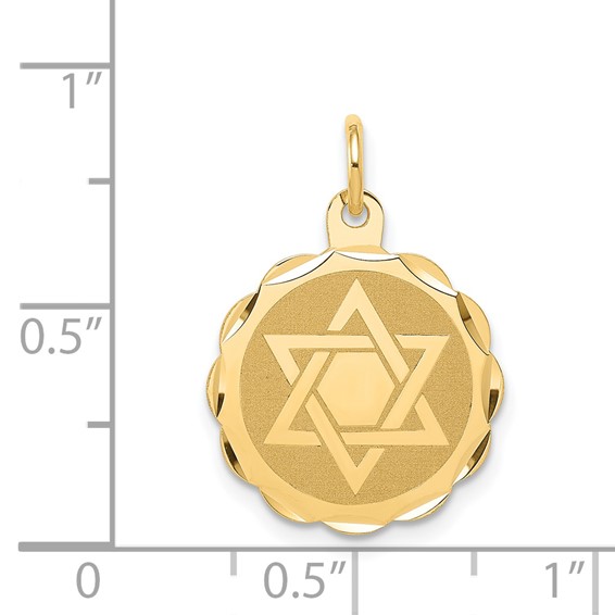 14k Solid Star of David Round Disc with Scalloped Edge Charm