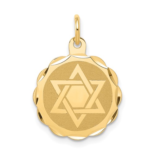 14K Yellow Gold Solid Star of David Round Disc Charm with Scalloped Edge