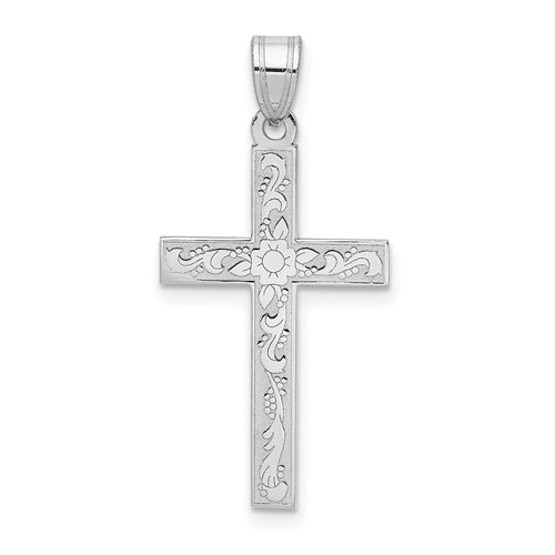 14K White Gold Floral Cross Pendant