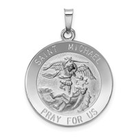 14K White Gold Polished and Satin Solid St. Michael Medal Round Pendant view 1