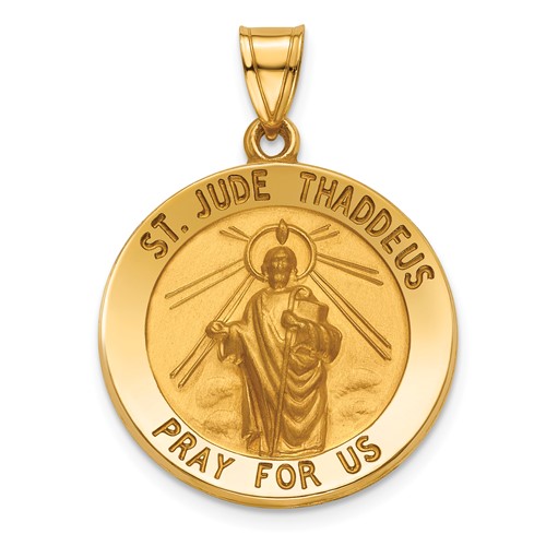 14K Yellow Gold Polished and Satin Hollow Saint Jude Thaddeus Medal Round Pendant