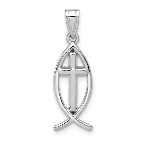 14K White Gold Cross Ichthus Fish Pendant