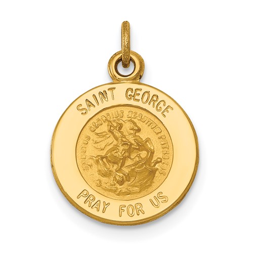 14K Yellow Gold Polished and Satin Solid Saint George Medal Round Charm