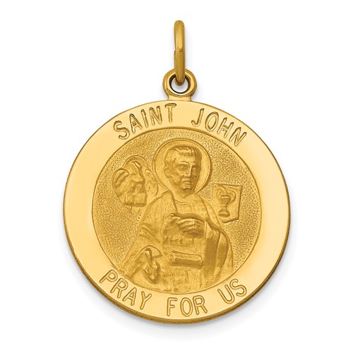 14K Yellow Gold Polished and Satin Solid Saint John Medal Round Pendant
