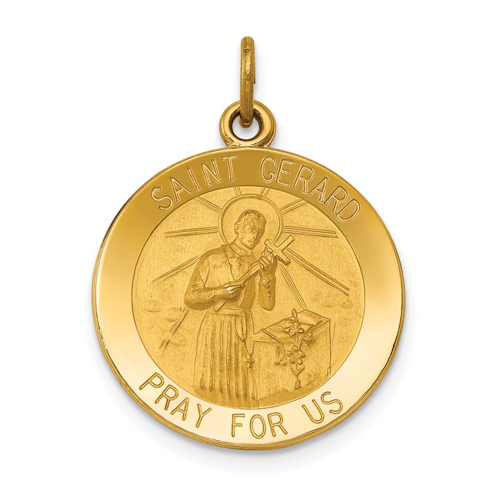 14K Yellow Gold Polished and Satin Solid Saint Gerard Medal Round Pendant
