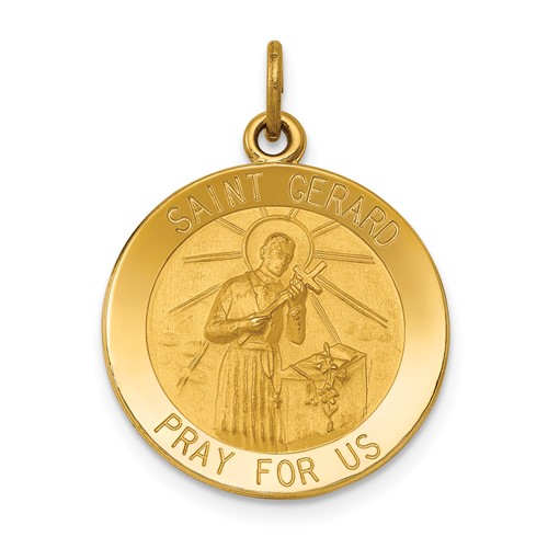14K Yellow Gold Polished and Satin Solid Saint Gerard Medal Round Pendant