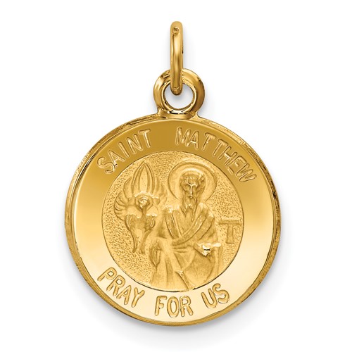 14K Yellow Gold Polished and Satin Solid Saint Matthew Medal Round Charm