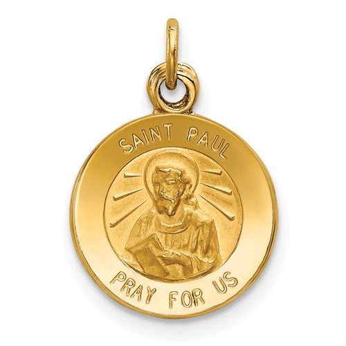 14K Yellow Gold Polished and Satin Solid Saint Paul Medal Round Charm