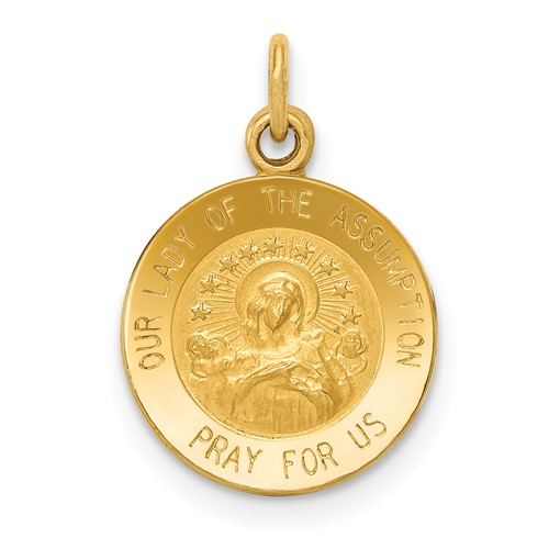 14K Yellow Gold Polished and Satin Solid Our Lady of the Assumption Medal Round Charm
