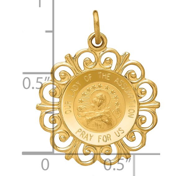 14k Polished and Satin Solid Our Lady Of The Assumption Medal Scalloped Edge Round Pendant