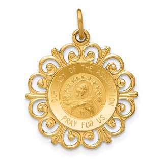 14k Polished and Satin Solid Our Lady Of The Assumption Medal Scalloped Edge Round Pendant