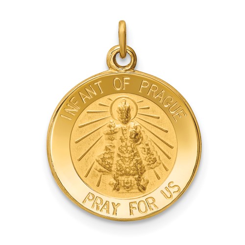 14K Yellow Gold Polished and Satin Solid Infant of Prague Medal Round Charm