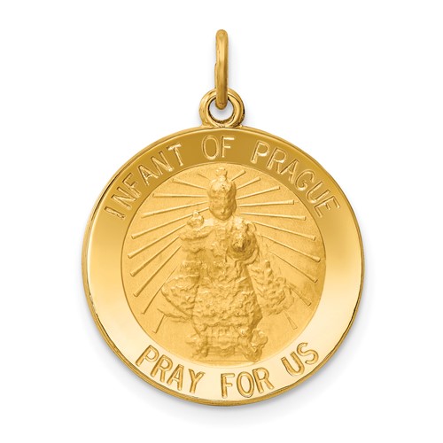 14K Yellow Gold Polished and Satin Solid Infant of Prague Medal Round Charm