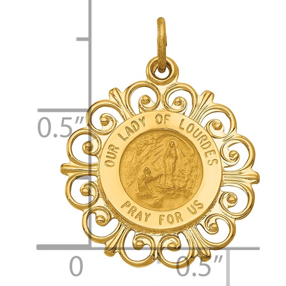 14k Polished and Satin Solid Our Lady of Lourdes Medal Scalloped Edge Round Pendant
