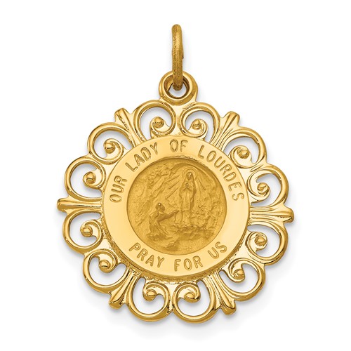 14K Yellow Gold Polished and Satin Solid Our Lady of Lourdes Medal Scalloped Edge Round Pendant