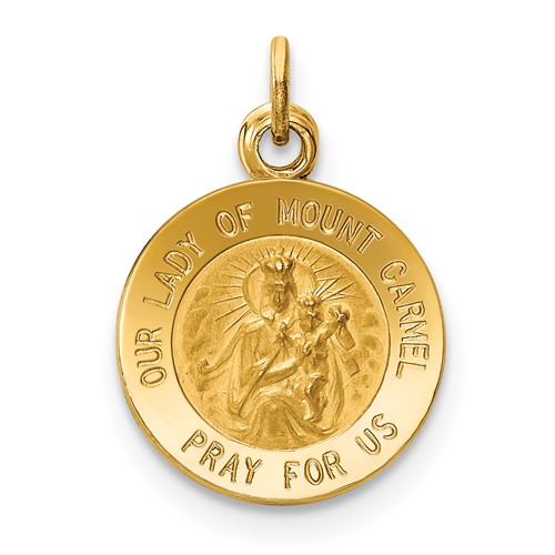 14K Yellow Gold Polished and Satin Solid Our Lady of Mt. Carmel Medal Round Charm