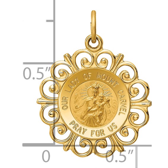 14k Polished and Satin Solid Our Lady of Mt. Carmel Medal Scalloped Edge Round Charm