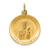 14K Yellow Gold Polished and Satin Solid Matka Boska Czestochowska Medal Reversible Round Pendant view 1