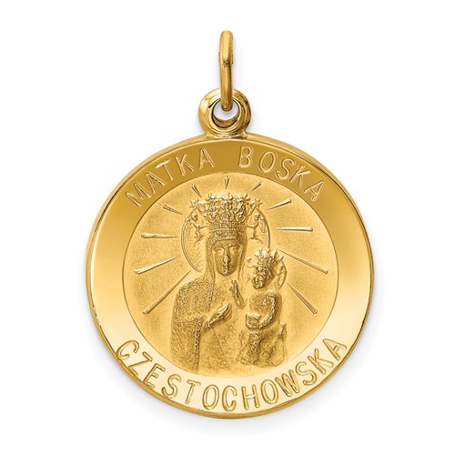 14K Yellow Gold Polished and Satin Solid Matka Boska Czestochowska Medal Reversible Round Pendant