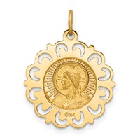 14K Yellow Gold Polished and Satin Solid Matka Boska Czestochowska Medal Reversible Scalloped Edge Round Pendant view 4