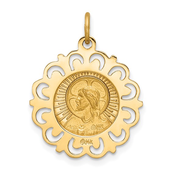 14k Polished and Satin Solid Matka Boska Czestochowska Medal Reversible Scalloped Edge Round Pendant