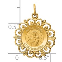 14K Yellow Gold Polished and Satin Solid Matka Boska Czestochowska Medal Reversible Scalloped Edge Round Pendant view 3