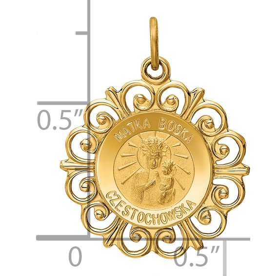 14k Polished and Satin Solid Matka Boska Czestochowska Medal Reversible Scalloped Edge Round Pendant