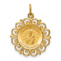 14K Yellow Gold Polished and Satin Solid Matka Boska Czestochowska Medal Reversible Scalloped Edge Round Pendant view 1