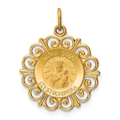 14K Yellow Gold Polished and Satin Solid Matka Boska Czestochowska Medal Reversible Scalloped Edge Round Pendant