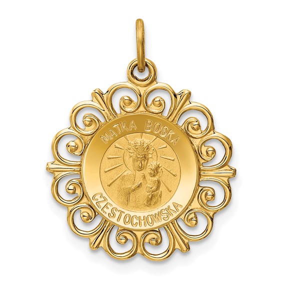 14k Polished and Satin Solid Matka Boska Czestochowska Medal Reversible Scalloped Edge Round Pendant