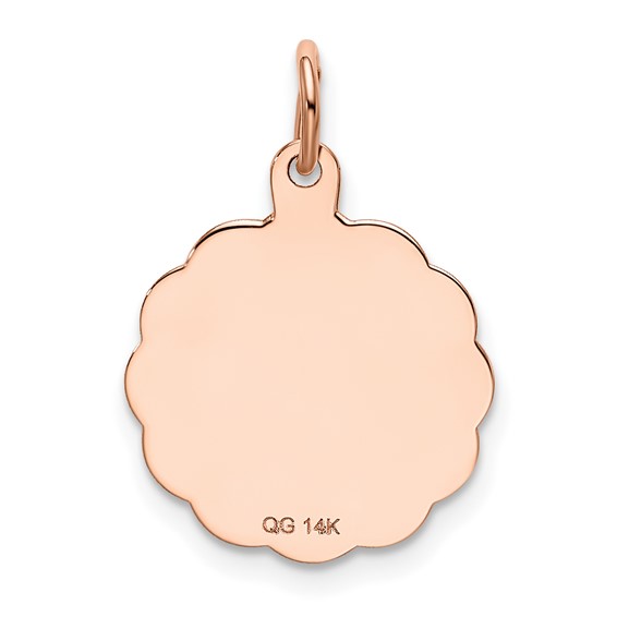 14k Rose Gold Satin and Polished Saint Christopher Medal Scalloped Edge Round Charm