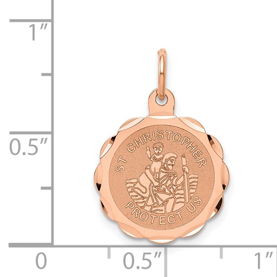 14k Rose Gold Satin and Polished Saint Christopher Medal Scalloped Edge Round Charm
