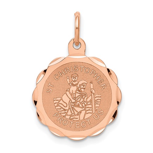 14K Rose Gold Satin and Polished Saint Christopher Medal Scalloped Edge Round Charm