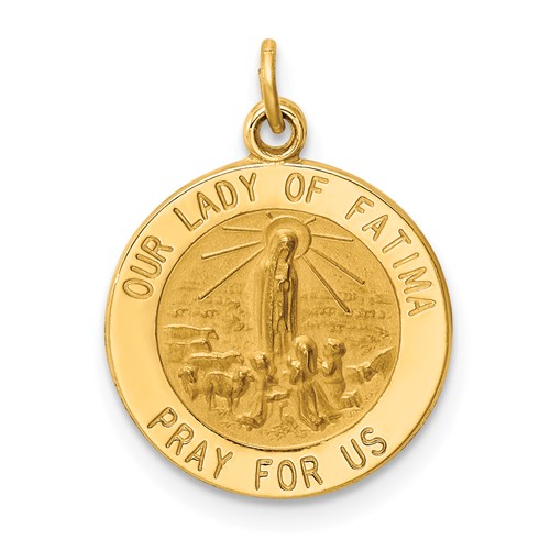 14K Yellow Gold Polished and Satin Solid Our Lady of Fatima Medal Round Charm