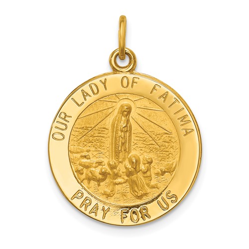 14K Yellow Gold Polished and Satin Solid Our Lady of Fatima Medal Round Pendant