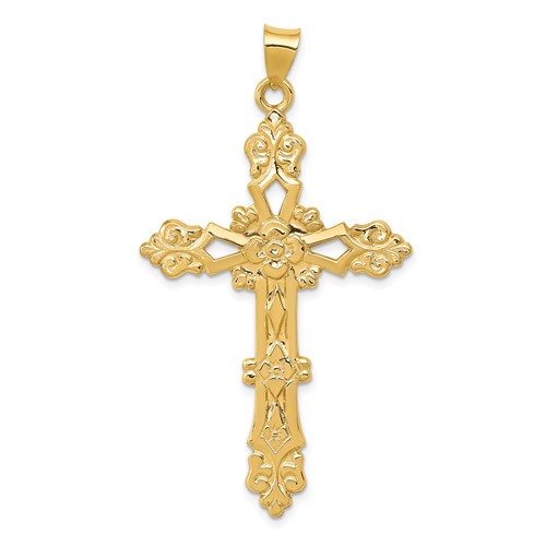 14K Yellow Gold Polished Fleur De Lis Cross Pendant