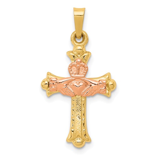 14K Two-tone Claddagh Cross Pendant